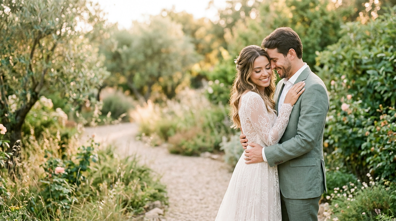 Casal celebra o casamento em um jardim iluminado pelo sol